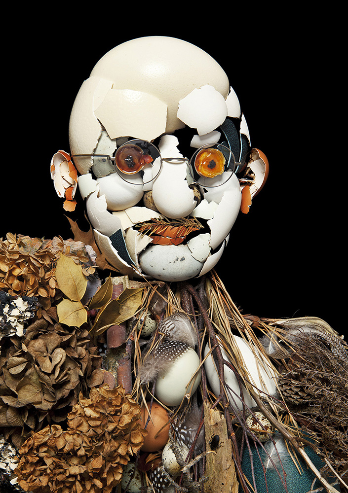 Sculptor crafts odd busts from organic refuse...